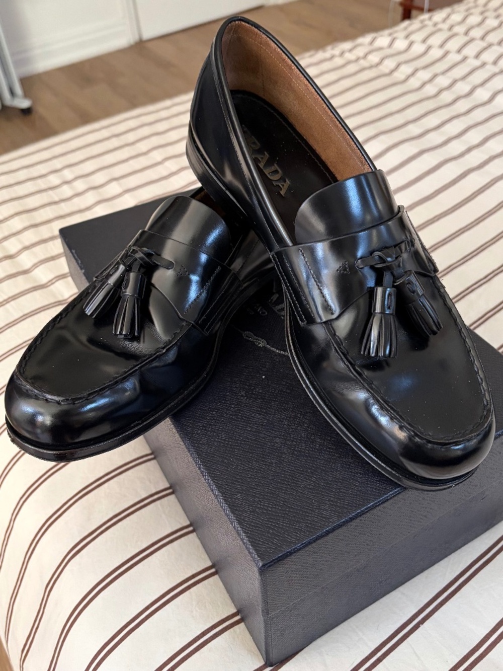 Prada Spazzolato Leather Tassel Loafers Mens 10
